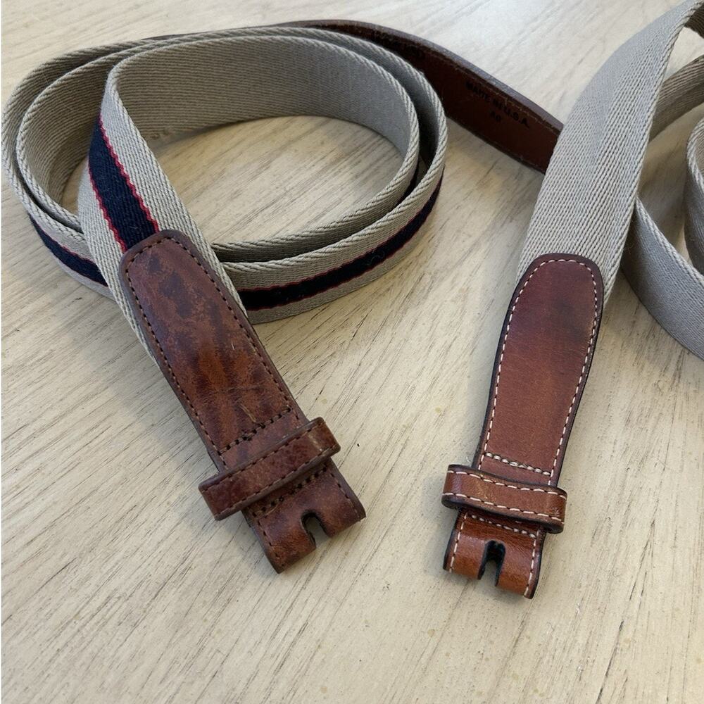 VTG Lands End Belt 42 Preppy Canvas Stripe Blue Leather Tan Y2K USA 506 Lot 2